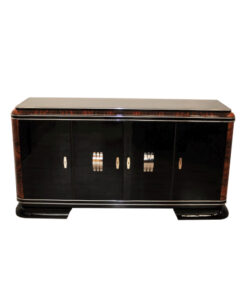 Art Deco, Sideboard, Buffet, French, pinaolacquer, mahogany, details, design, black, veneer, chorme, handles, bars, glass shleves