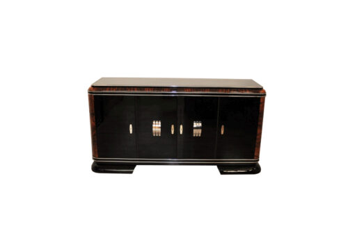 Art Deco, Sideboard, Buffet, French, pinaolacquer, mahogany, details, design, black, veneer, chorme, handles, bars, glass shleves