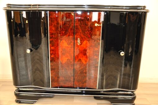 Art Deco, Commode, Piano Lacquer, Walnut, Vintage, Antique, Storage, hand polished, design, living room, furniture, chrome bars