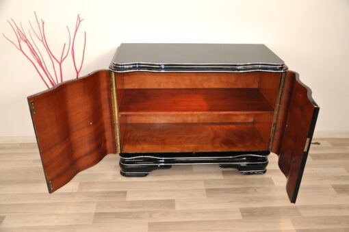 Art Deco, Commode, Piano Lacquer, Walnut, Vintage, Antique, Storage, hand polished, design, living room, furniture, chrome bars