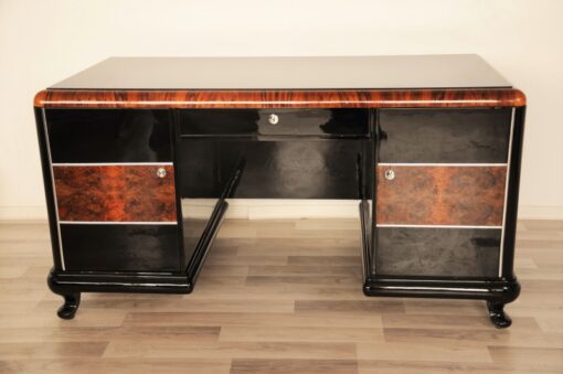 Art Deco, Desk, highgloss, polished, surfaces, burl, details, office, furniture, lacobell glass, writing plate, chrome bars, drawers