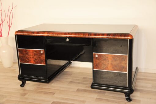 Art Deco, Desk, highgloss, polished, surfaces, burl, details, office, furniture, lacobell glass, writing plate, chrome bars, drawers