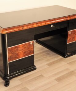 Art Deco, Desk, highgloss, polished, surfaces, burl, details, office, furniture, lacobell glass, writing plate, chrome bars, drawers