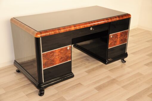 Art Deco, Desk, highgloss, polished, surfaces, burl, details, office, furniture, lacobell glass, writing plate, chrome bars, drawers