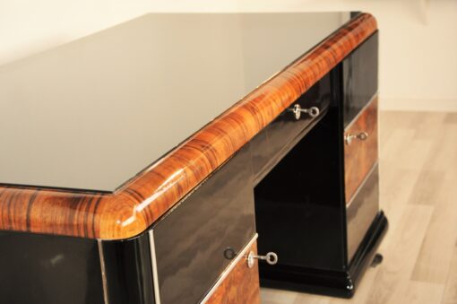 Art Deco, Desk, highgloss, polished, surfaces, burl, details, office, furniture, lacobell glass, writing plate, chrome bars, drawers