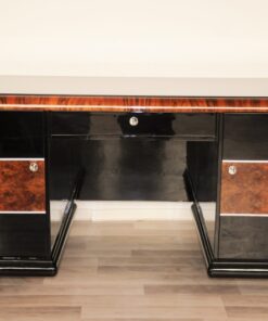 Art Deco, Desk, highgloss, polished, surfaces, burl, details, office, furniture, lacobell glass, writing plate, chrome bars, drawers