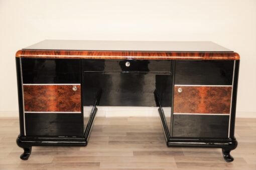 Art Deco, Desk, highgloss, polished, surfaces, burl, details, office, furniture, lacobell glass, writing plate, chrome bars, drawers