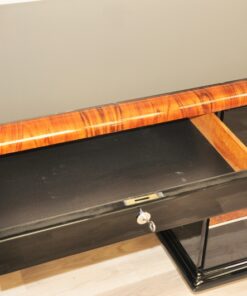 Art Deco, Desk, highgloss, polished, surfaces, burl, details, office, furniture, lacobell glass, writing plate, chrome bars, drawers