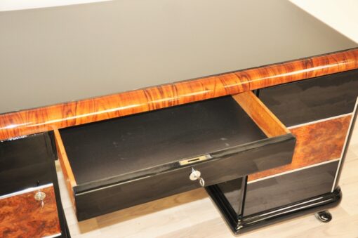 Art Deco, Desk, highgloss, polished, surfaces, burl, details, office, furniture, lacobell glass, writing plate, chrome bars, drawers