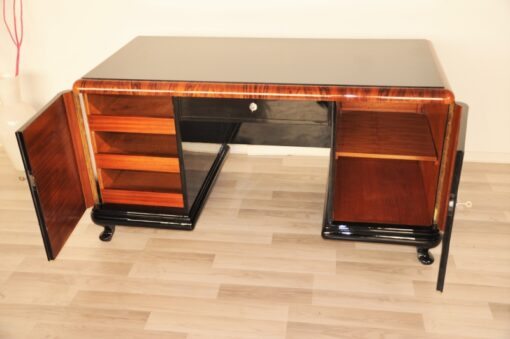 Art Deco, Desk, highgloss, polished, surfaces, burl, details, office, furniture, lacobell glass, writing plate, chrome bars, drawers