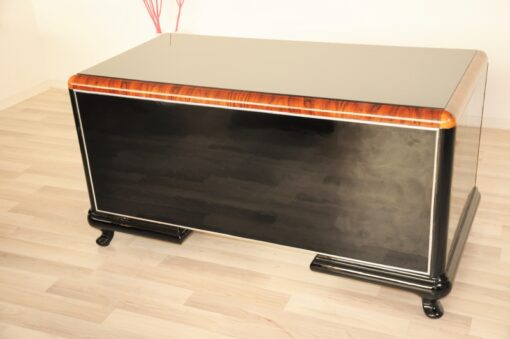 Art Deco, Desk, highgloss, polished, surfaces, burl, details, office, furniture, lacobell glass, writing plate, chrome bars, drawers