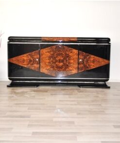 Art Deco, Sideboard, french, check, veneer, restoration, antique, vintage, original, france, highgloss, pianolacquer, matt black interior