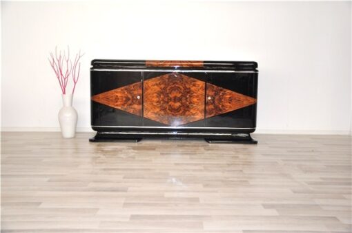 Art Deco, Sideboard, french, check, veneer, restoration, antique, vintage, original, france, highgloss, pianolacquer, matt black interior