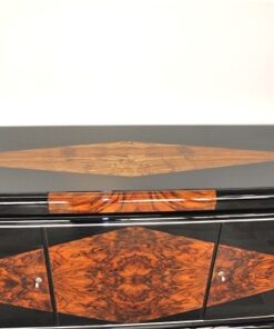 Art Deco, Sideboard, french, check, veneer, restoration, antique, vintage, original, france, highgloss, pianolacquer, matt black interior