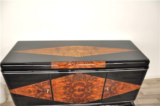 Art Deco, Sideboard, french, check, veneer, restoration, antique, vintage, original, france, highgloss, pianolacquer, matt black interior