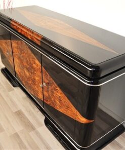 Art Deco, Sideboard, french, check, veneer, restoration, antique, vintage, original, france, highgloss, pianolacquer, matt black interior