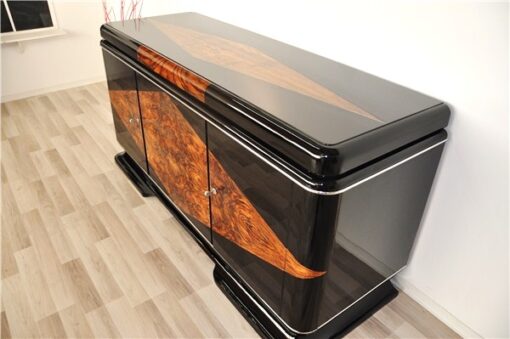 Art Deco, Sideboard, french, check, veneer, restoration, antique, vintage, original, france, highgloss, pianolacquer, matt black interior