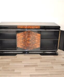 Art Deco, Sideboard, french, check, veneer, restoration, antique, vintage, original, france, highgloss, pianolacquer, matt black interior