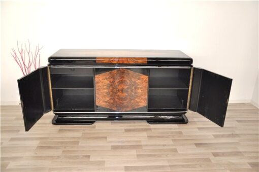 Art Deco, Sideboard, french, check, veneer, restoration, antique, vintage, original, france, highgloss, pianolacquer, matt black interior