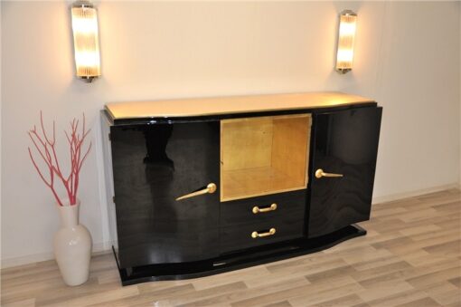 Art Deco, Sideboard, Black, golden Details, Buffet, Credenza, Furniture, Storage, Antique, Vintage, Restoration, Original, France, Highgloss