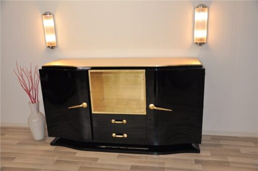 Art Deco, Sideboard, Black, golden Details, Buffet, Credenza, Furniture, Storage, Antique, Vintage, Restoration, Original, France, Highgloss