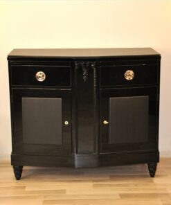 Art Deco, Commode, Black, Design, Leather, Details, Cabinet, Furniture, High gloss, Ornamentation, pointing feet, oak, veneer, chrome, handles