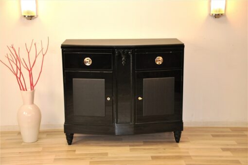 Art Deco, Commode, Black, Design, Leather, Details, Cabinet, Furniture, High gloss, Ornamentation, pointing feet, oak, veneer, chrome, handles