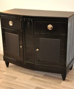 Art Deco, Commode, Black, Design, Leather, Details, Cabinet, Furniture, High gloss, Ornamentation, pointing feet, oak, veneer, chrome, handles