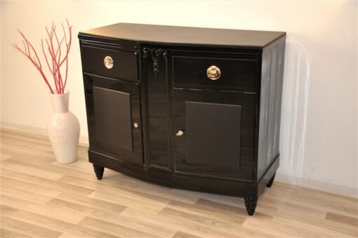 Art Deco, Commode, Black, Design, Leather, Details, Cabinet, Furniture, High gloss, Ornamentation, pointing feet, oak, veneer, chrome, handles