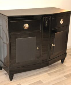 Art Deco, Commode, Black, Design, Leather, Details, Cabinet, Furniture, High gloss, Ornamentation, pointing feet, oak, veneer, chrome, handles