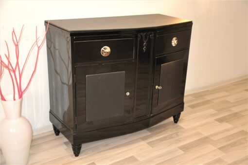 Art Deco, Commode, Black, Design, Leather, Details, Cabinet, Furniture, High gloss, Ornamentation, pointing feet, oak, veneer, chrome, handles