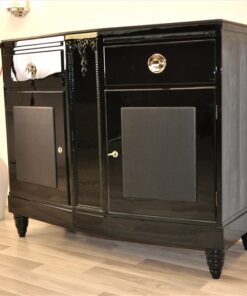 Art Deco, Commode, Black, Design, Leather, Details, Cabinet, Furniture, High gloss, Ornamentation, pointing feet, oak, veneer, chrome, handles