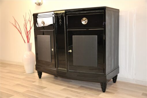 Art Deco, Commode, Black, Design, Leather, Details, Cabinet, Furniture, High gloss, Ornamentation, pointing feet, oak, veneer, chrome, handles