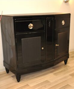 Art Deco, Commode, Black, Design, Leather, Details, Cabinet, Furniture, High gloss, Ornamentation, pointing feet, oak, veneer, chrome, handles