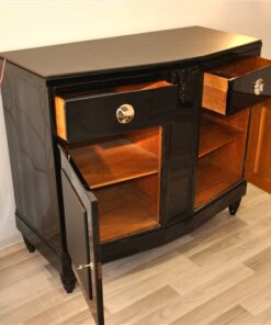 Art Deco, Commode, Black, Design, Leather, Details, Cabinet, Furniture, High gloss, Ornamentation, pointing feet, oak, veneer, chrome, handles