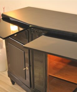 Art Deco, Commode, Black, Design, Leather, Details, Cabinet, Furniture, High gloss, Ornamentation, pointing feet, oak, veneer, chrome, handles