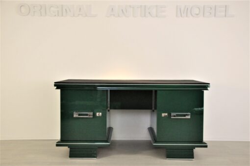 Art Deco, Desk, table, furniture, design, office, living room, jaguar racing green, highgloss, lacquer, green, alcantara, chrome, restored