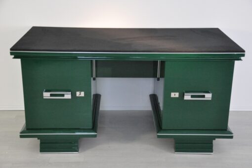 Art Deco, Desk, table, furniture, design, office, living room, jaguar racing green, highgloss, lacquer, green, alcantara, chrome, restored