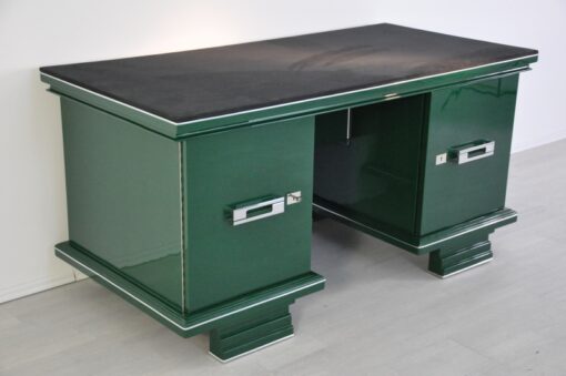 Art Deco, Desk, table, furniture, design, office, living room, jaguar racing green, highgloss, lacquer, green, alcantara, chrome, restored