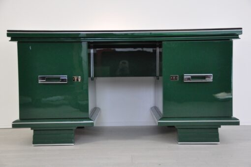 Art Deco, Desk, table, furniture, design, office, living room, jaguar racing green, highgloss, lacquer, green, alcantara, chrome, restored