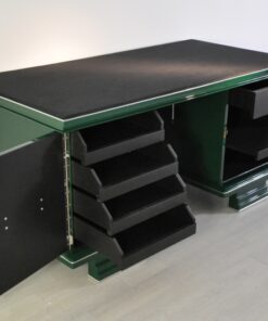 Art Deco, Desk, table, furniture, design, office, living room, jaguar racing green, highgloss, lacquer, green, alcantara, chrome, restored