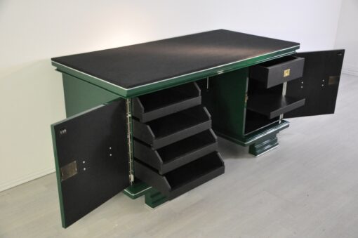 Art Deco, Desk, table, furniture, design, office, living room, jaguar racing green, highgloss, lacquer, green, alcantara, chrome, restored