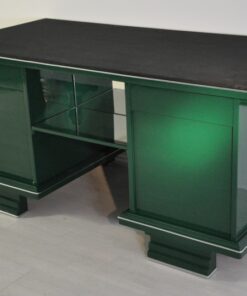 Art Deco, Desk, table, furniture, design, office, living room, jaguar racing green, highgloss, lacquer, green, alcantara, chrome, restored