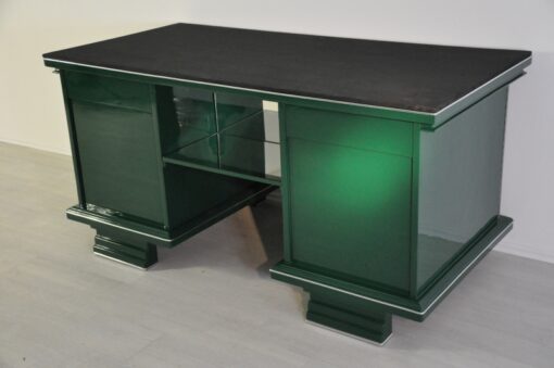 Art Deco, Desk, table, furniture, design, office, living room, jaguar racing green, highgloss, lacquer, green, alcantara, chrome, restored