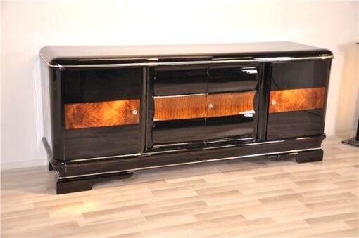 Art Deco, sideboard, buffet, credenza, storage, cabinet, black, highgloss, walnut, large, space, design, rounded corners, serving extensions