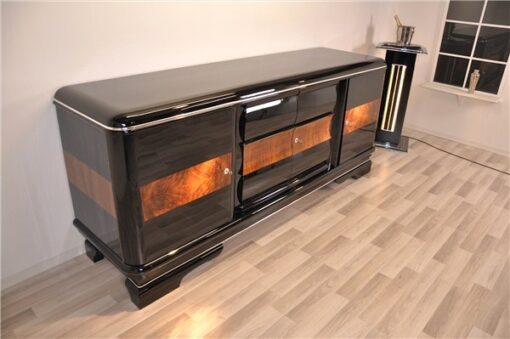 Art Deco, sideboard, buffet, credenza, storage, cabinet, black, highgloss, walnut, large, space, design, rounded corners, serving extensions