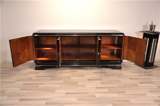 Art Deco, sideboard, buffet, credenza, storage, cabinet, black, highgloss, walnut, large, space, design, rounded corners, serving extensions