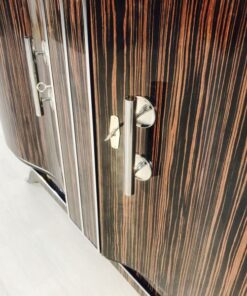 Art Deco, commode, design, beautiful foot, macassar, wood, high gloss finsih, hand polished, straight form, serpentine doors, chromed handles,