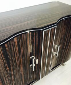 Art Deco, commode, design, beautiful foot, macassar, wood, high gloss finsih, hand polished, straight form, serpentine doors, chromed handles,