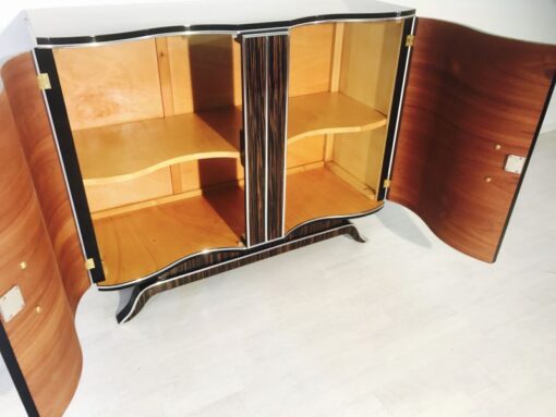 Art Deco, commode, design, beautiful foot, macassar, wood, high gloss finsih, hand polished, straight form, serpentine doors, chromed handles,